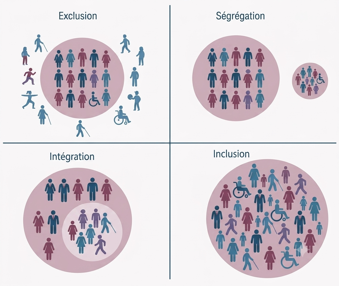 Schéma comparant exclusion, ségrégation, intégration et inclusion